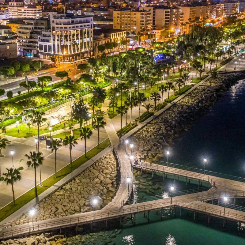 illuminated dock and buildings in Cyprus