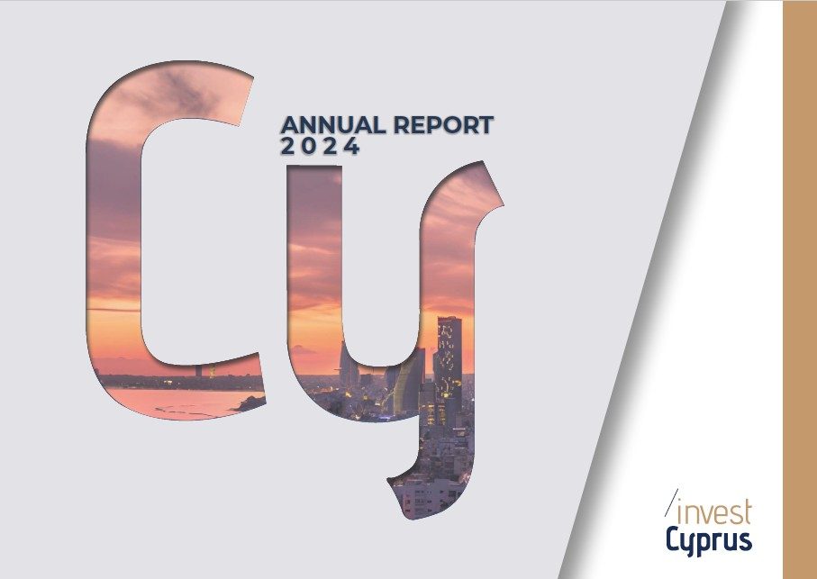 Cover of the Invest Cyprus Annual Report 2024, featuring the "Cy" logotype with a sunset cityscape of Limassol visible through the letterforms, including the iconic coastline and skyline.