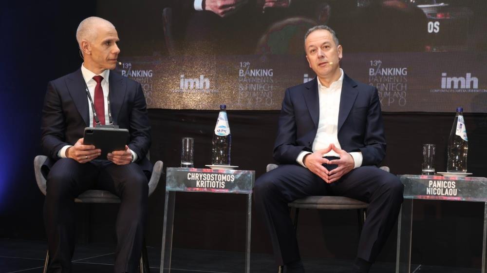 Panicos Nicolaou, CEO of Bank of Cyprus, in a fireside chat with moderator Chrysostomos Kritiotis, Managing Director of Logicom Solutions, at the 13th Banking, Payments & Fintech Forum and Expo, Hilton Nicosia, 19 January 2026.