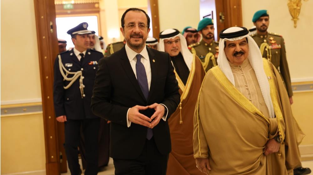 President of Cyprus Nikos Christodoulides and His Majesty King Hamad bin Isa Al Khalifa of Bahrain at the Royal Court in Manama during Cyprus's first official presidential visit to Bahrain, January 2026.