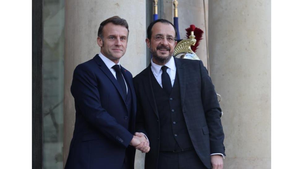 President of Cyprus Nikos Christodoulides shaking hands with president of France Emmanuel Macron, after the sign of the Strategic Partnership Agreement in Paris.