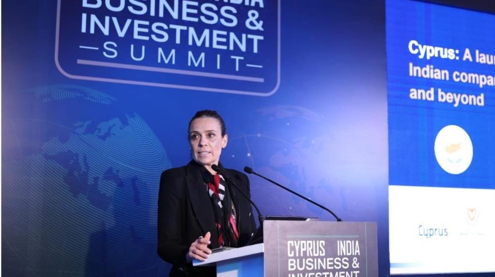 Lia Riris, Deputy Director General of Invest Cyprus speaking at the Cyprus–India Business & Investment Summit in Mumbai on 28 January 2026.