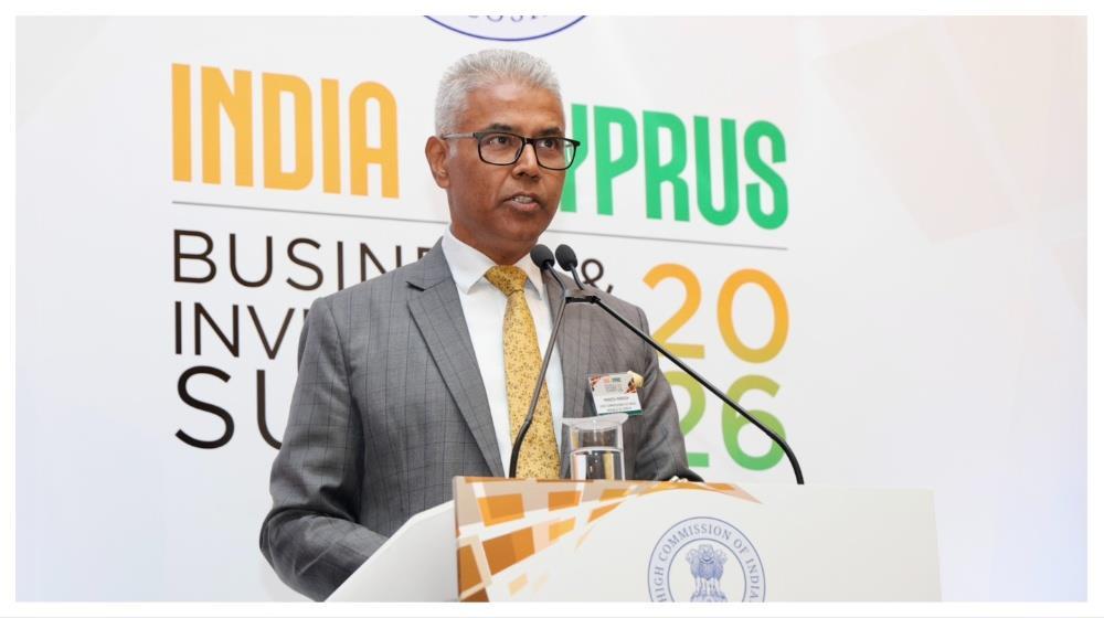 High Commissioner of India to Cyprus Manish Manish speaking at the India–Cyprus Business & Investment Summit 2026.