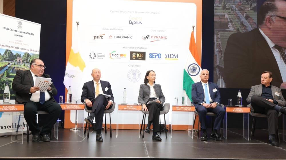 Panel discussion at the India–Cyprus Business & Investment Summit 2026, Hilton Nicosia, 3 March 2026, exploring strategic cooperation, regional perspectives, and the case for direct India–Cyprus airline routes, with Invest Cyprus CEO Marios Tannousis among the panellists.