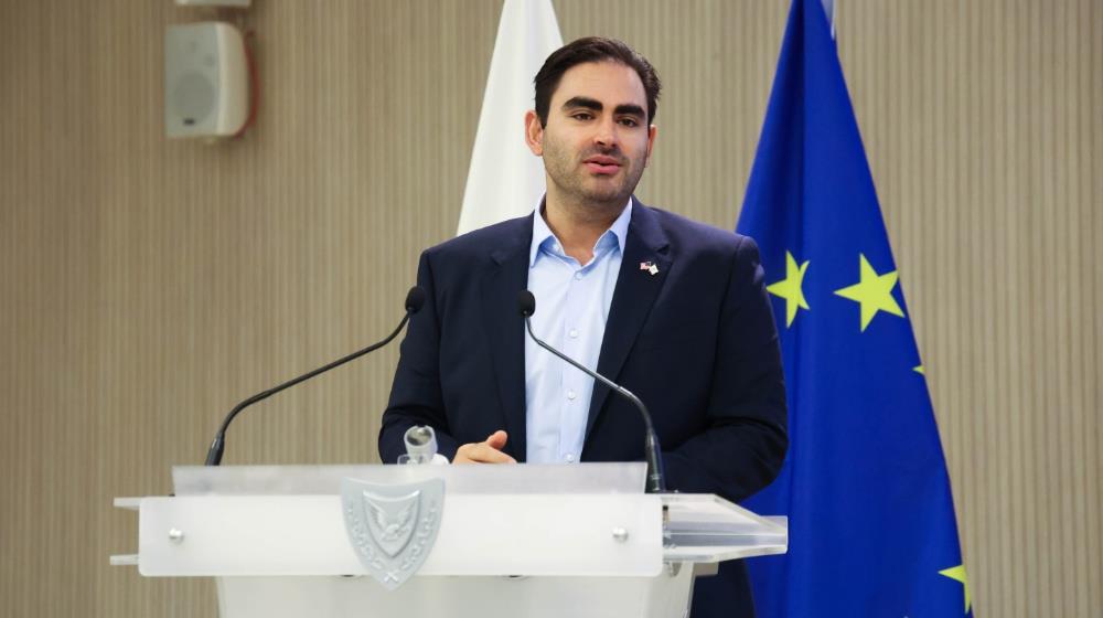 Seena Amidi, Managing Partner of Plug and Play Tech Center, at the podium during the official launch of Plug and Play Cyprus, Presidential Palace, Nicosia, 7 April 2026.