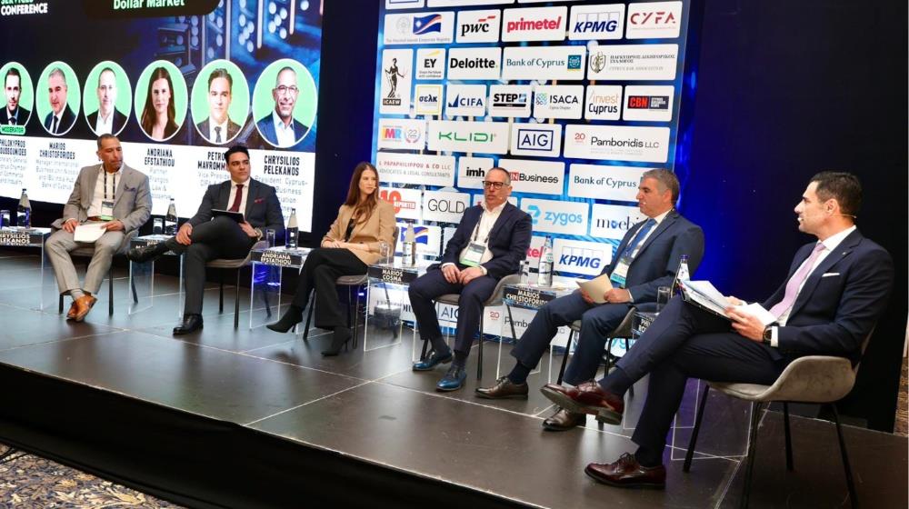 Panel on "India Focus: Unlocking a Multi-Trillion Dollar Market" at the 10th Professional Services Conference 2026, with experts from Bank of Cyprus, KPMG, PwC, Frangos Law, K. Treppides, and Chrysostomides discussing India's investment wave and Cyprus as a European gateway.