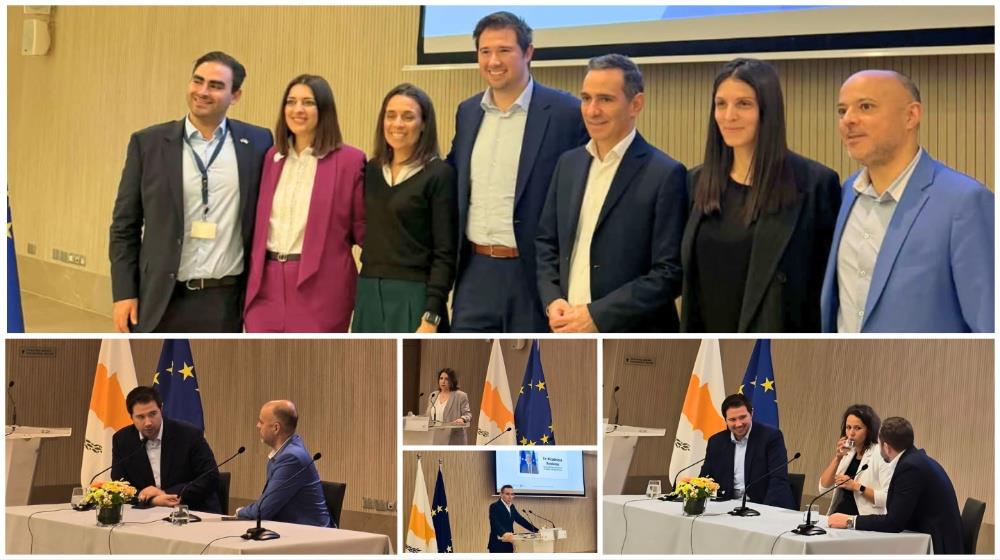 Four-image collage from the official launch of Plug and Play Tech Center in Cyprus on 7 April 2026 at the Presidential Palace in Nicosia, marking a new chapter for Cyprus's startup and innovation ecosystem. The image shows the representatives from Invest Cyprus, Plug and Play, and the Cyprus government.